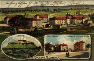 Carte postale présentant la ville de Bitche durant l'annexion allemande de 1871 à 1918, dont le haut figure la caserne Falkenstein.