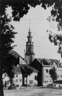 Le quartier de l'église Sainte-Catherine de Bitche au lendemain de la libération.