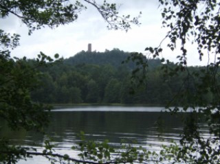 L'étang de Hanau et l'omniprésente forêt, d'où émerge la silhouette du proche château de Waldeck.
