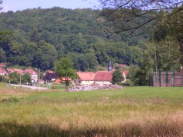Le village et le clocher de la chapelle Sainte-Odile apperçus depuis la sortie de la forêt en venant de Hanviller.
