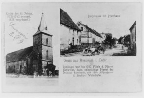 Le village de Rimling vers 1905-1910 : l'église paroissiale Saint-Pierre à gauche ; la rue de l'église et le presbytère à droite.