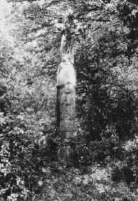 La croix est érigée en bordure du chemin, dans les buissons, au lieu-dit Tiefacker (photographie du service régional de l'inventaire de Lorraine).
