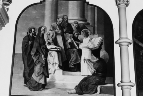 La première peinture murale représente le Seigneur Jésus en controverse avec les Docteurs de la Loi (photographie du service régional de l'invenaire de Lorraine).