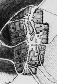 Détail du village de Schweyen sur une planche de l'Atlas de 1758 : la chapelle Saint-Wendelin, construite en 1776 seulement, ne figure pas encore sur le relevé, le village ne possédant à cette époque aucun édifice religieux.