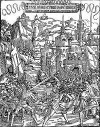 La bataille contre les Rustauds (gravure de Gabriel Salmon illustrant le livre de Nicolas Volcyre de Sérouville en 1526).